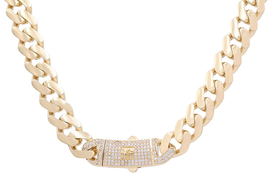 14K Yellow Gold Fashion Semi-Solid Monaco Link Necklace with Cubic Zirconias