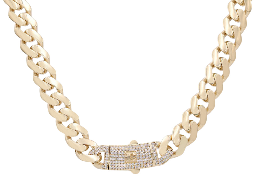 14K Yellow Gold Fashion Semi-Solid Monaco Link Necklace with Cubic Zirconias