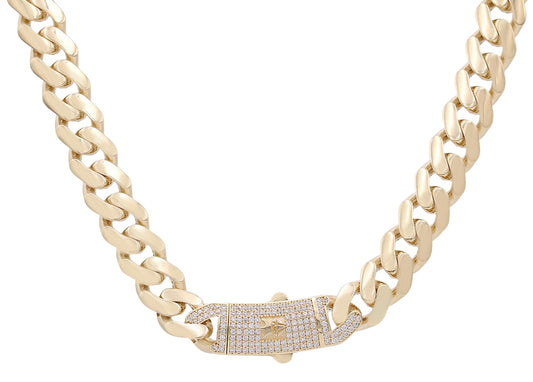 14K Yellow Gold Fashion Semi-Solid Monaco Link Necklace with Cubic Zirconias