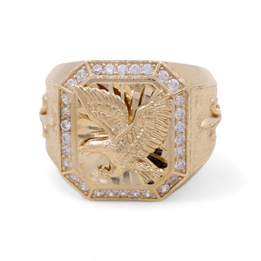 14K Yellow Gold Men's Eagle and Cubic Zirconias Ring