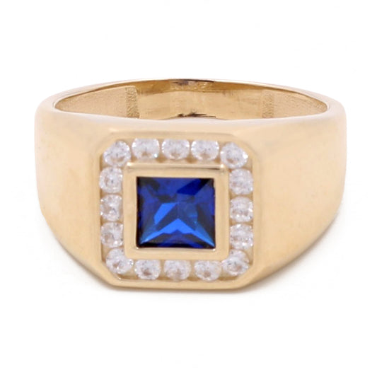 14K Yellow Gold Men's Sapphire  and Cubic Zirconias Ring