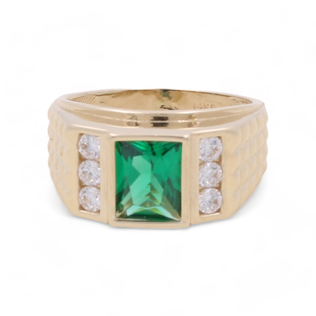 14K Yellow Gold Men's Emerald and Cubic Zirconias Ring