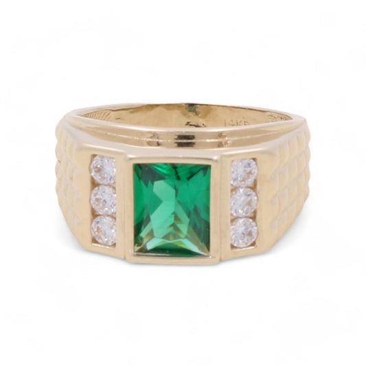 14K Yellow Gold Men's Emerald and Cubic Zirconias Ring