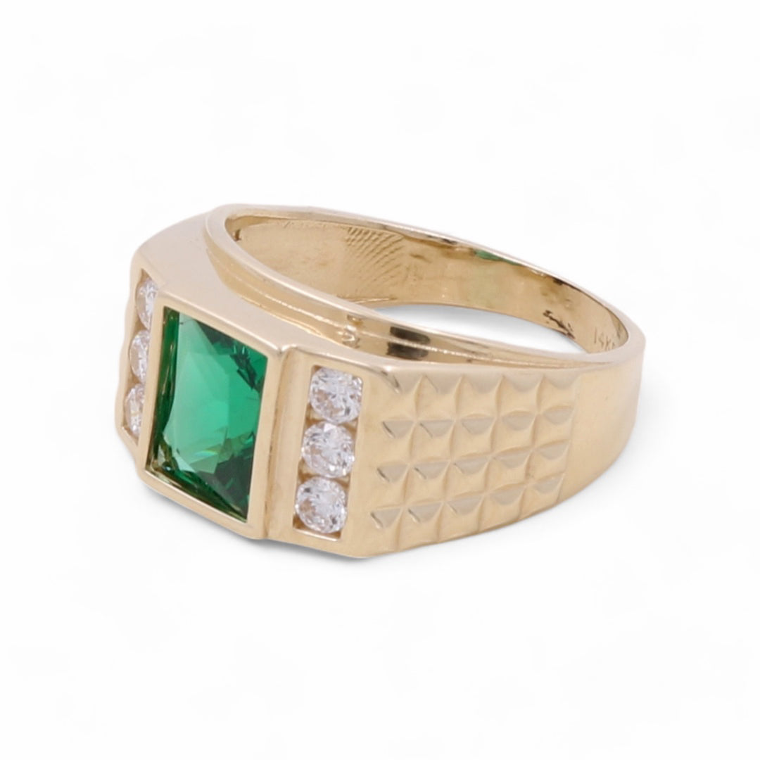 14K Yellow Gold Men's Emerald and Cubic Zirconias Ring