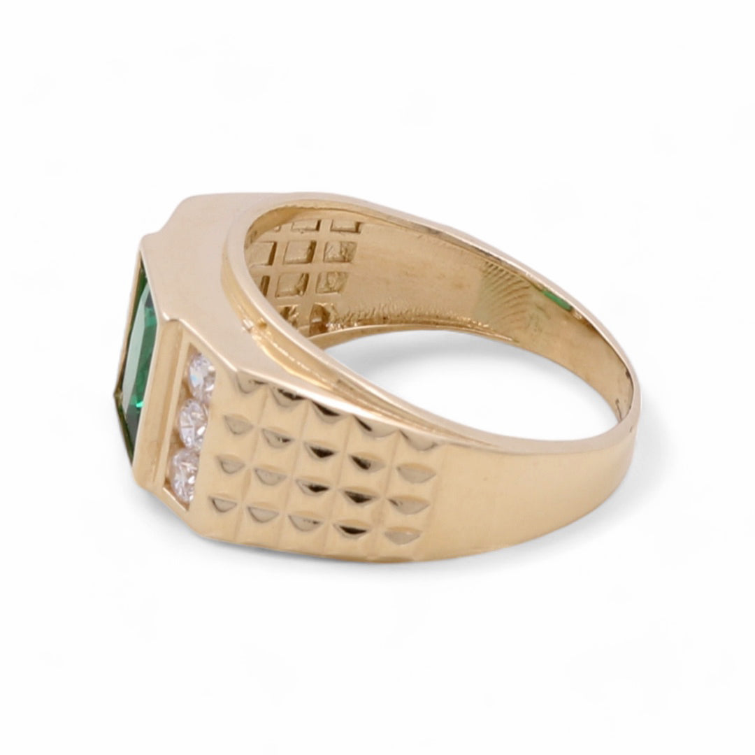 14K Yellow Gold Men's Emerald and Cubic Zirconias Ring
