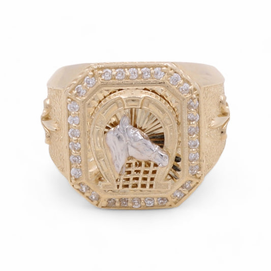 14K Yellow and White Gold Men's Horse Ring with Cubic Zirconias