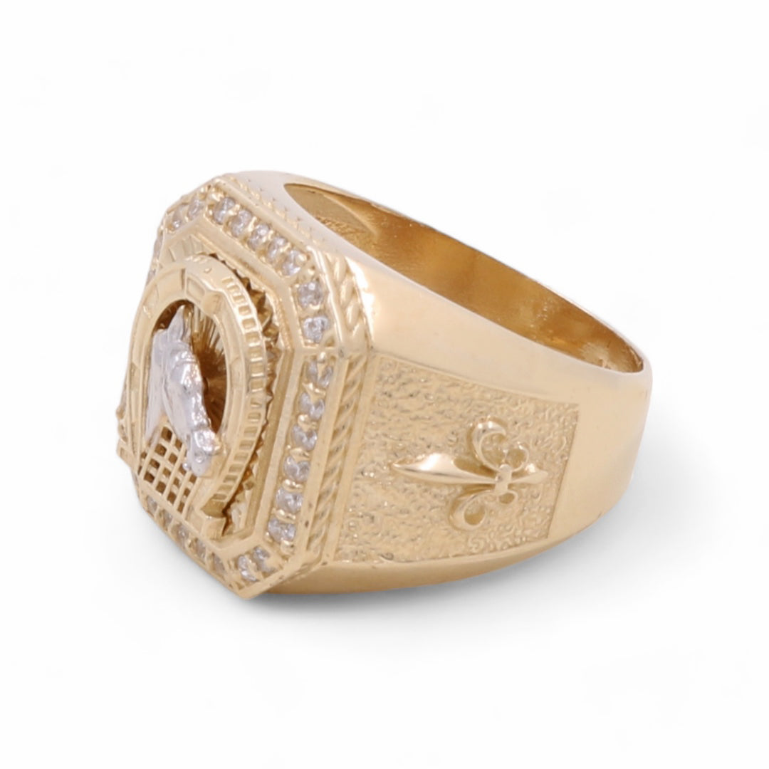 14K Yellow and White Gold Men's Horse Ring with Cubic Zirconias