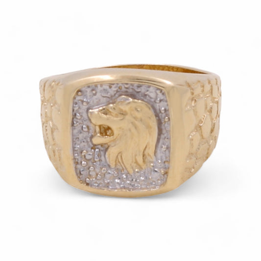 14K Yellow Gold Men's Lion Ring with Cubic Zirconias