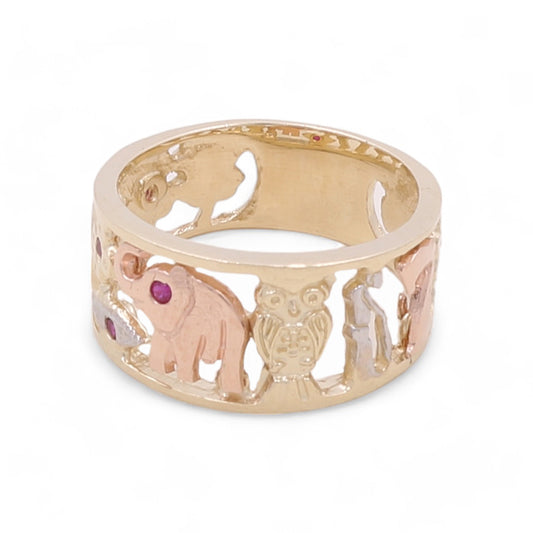 14K Tricolor Gold Fashion Animals with Color Stones Ring