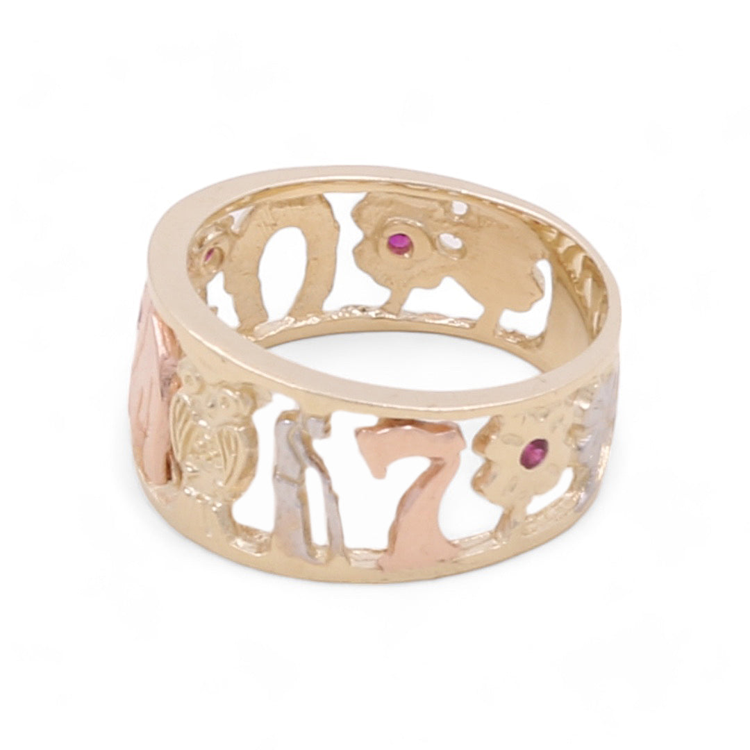 14K Tricolor Gold Fashion Animals with Color Stones Ring