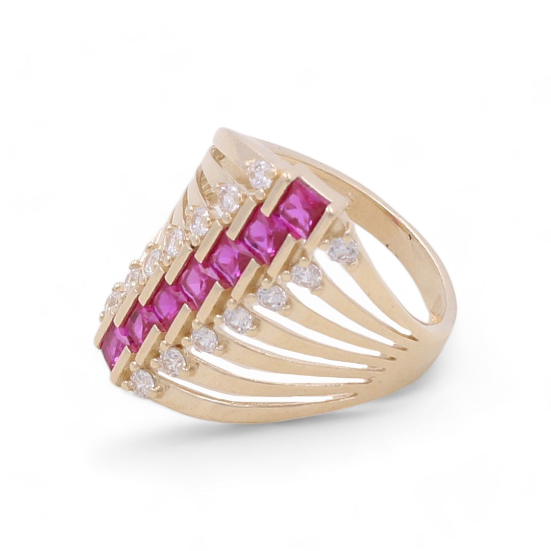 14K Yellow Gold Fashion Stacked Ring with Color Stones and Cubic Zirconias