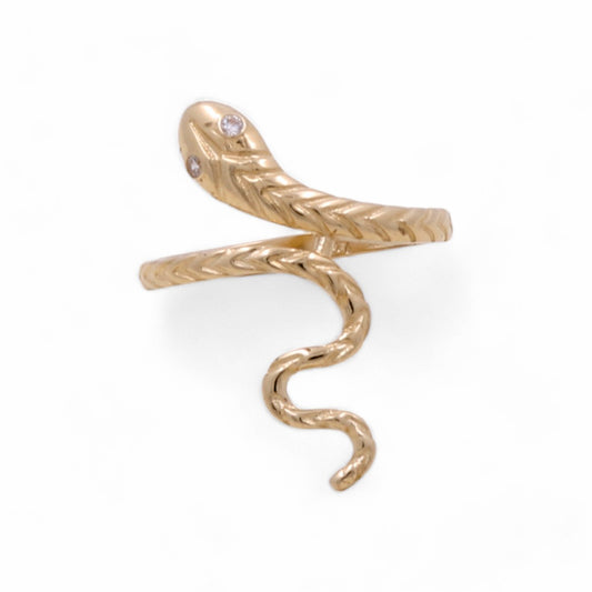 14K Yellow Gold Women's Snake Ring with Cubic Zirconias