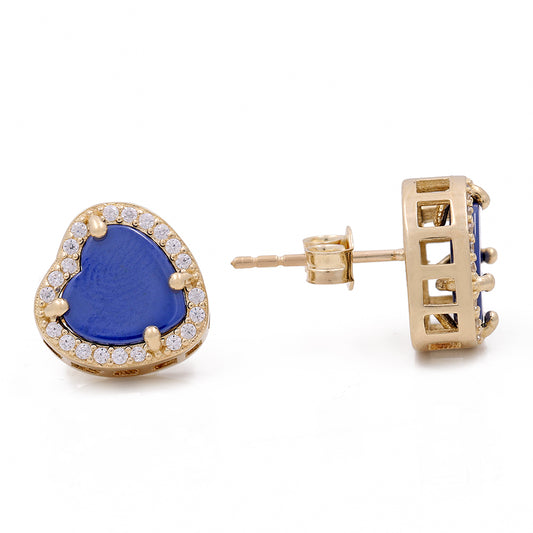 14K Yellow Gold Fashion Hearts Earrings with Blue Stones and Cubic Zirconias