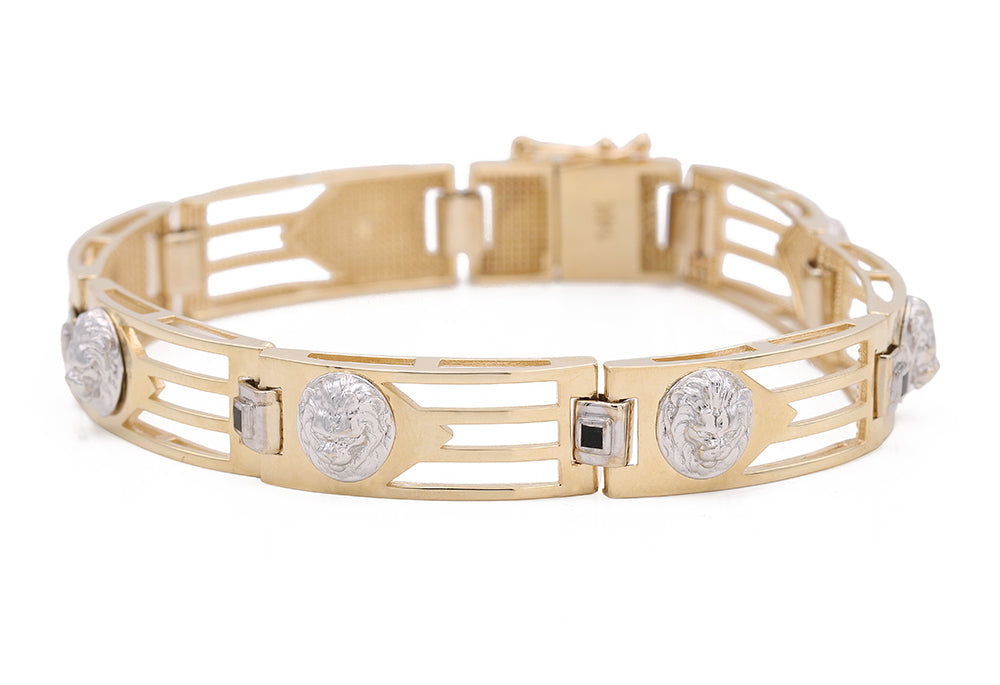 14K Yellow and White Gold Fashion Lion Heads Bracelet