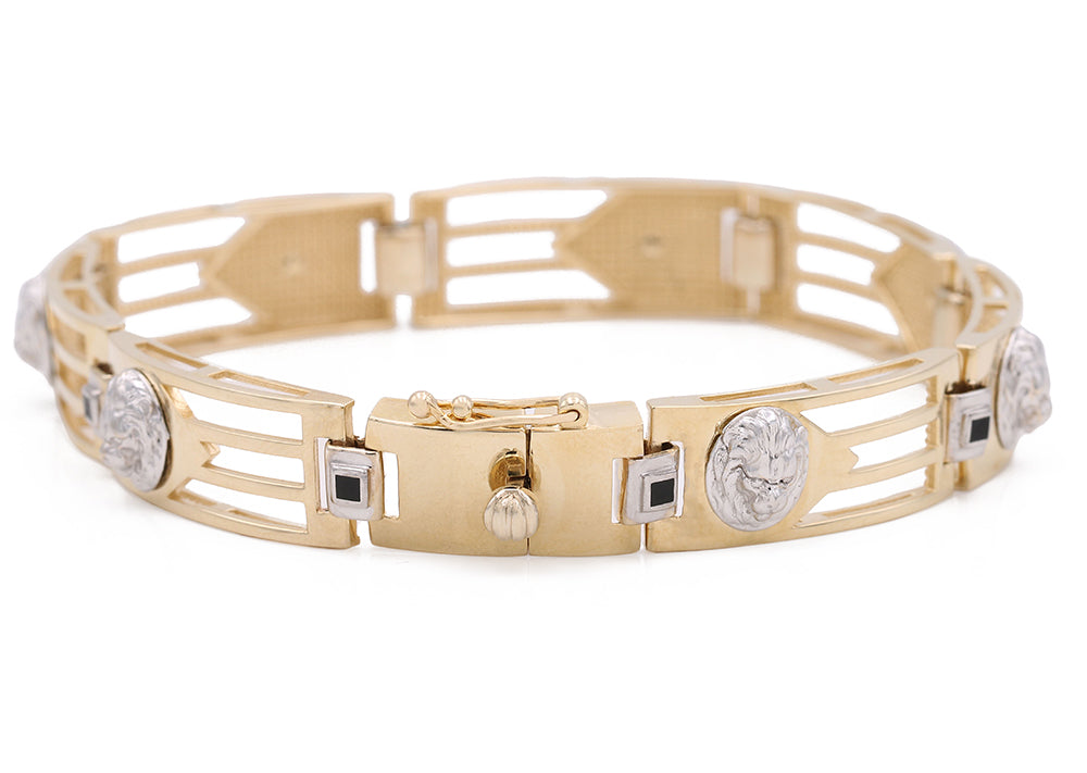 14K Yellow and White Gold Fashion Lion Heads Bracelet
