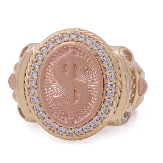 14K Yellow and Rose Gold Men's Ring with Dollar Sign and Cubic Zirconia