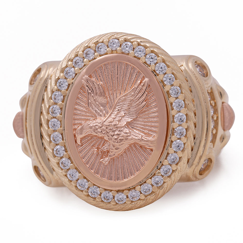 14K Yellow and Rose Gold Fashion Men's Ring with Center Eagle and Cubic Zirconias