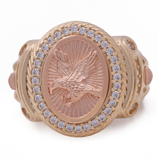 14K Yellow and Rose Gold Fashion Men's Ring with Center Eagle and Cubic Zirconias