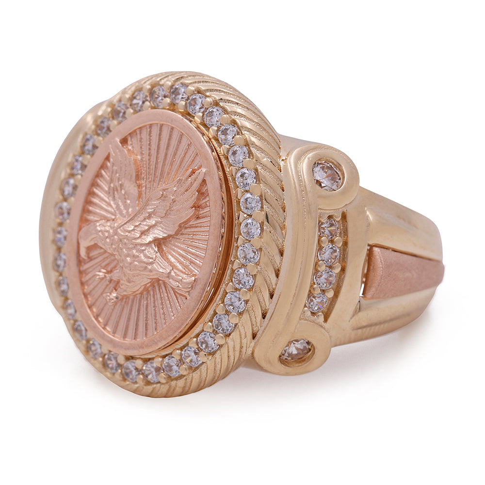 14K Yellow and Rose Gold Fashion Men's Ring with Center Eagle and Cubic Zirconias