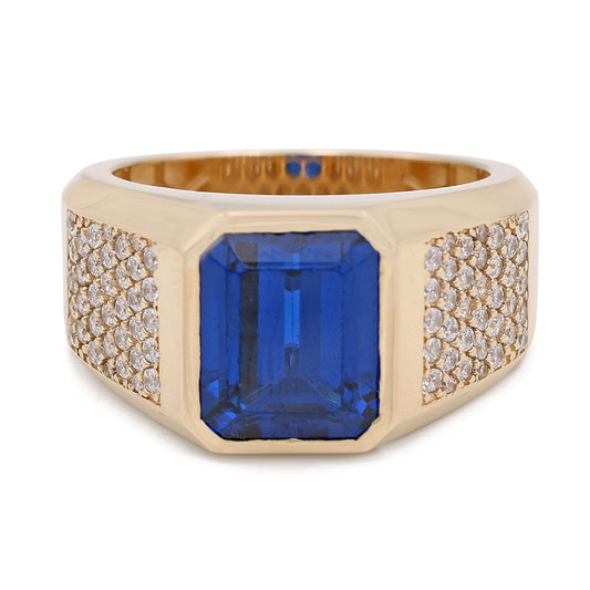 14K Yellow Gold Blue Color Center Stone Ring with Cubic Zirconias
