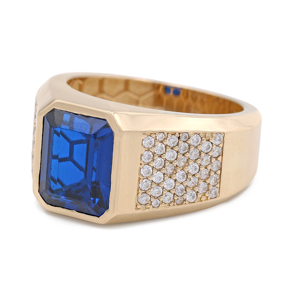 14K Yellow Gold Blue Color Center Stone Ring with Cubic Zirconias