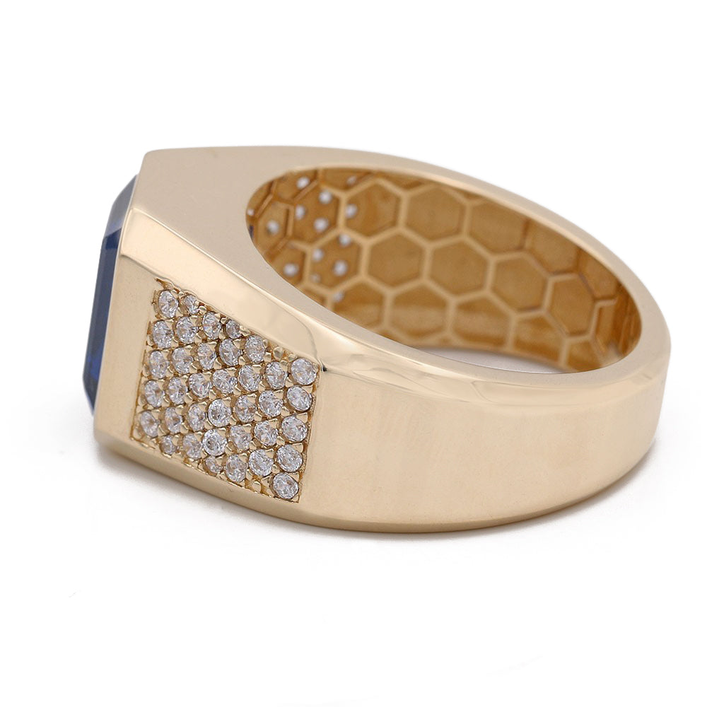 14K Yellow Gold Blue Color Center Stone Ring with Cubic Zirconias