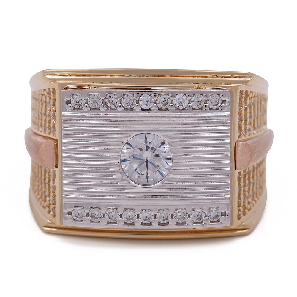 14K Tricolor Men's Fashion Ring with Cubic Zirconias