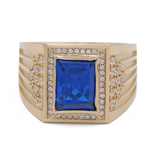 14K Yellow Gold Blue Color Center Stone Ring with Cubic Zirconias