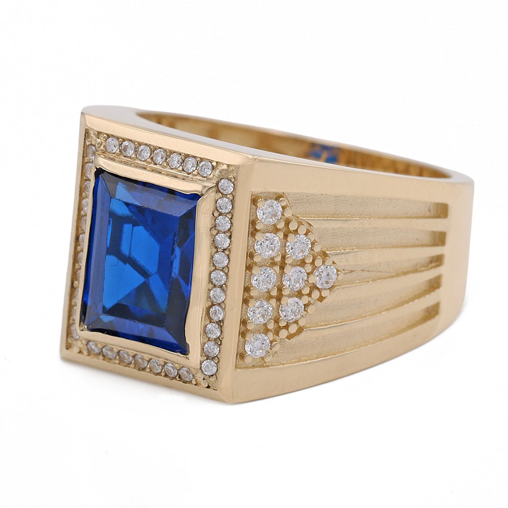 14K Yellow Gold Blue Color Center Stone Ring with Cubic Zirconias