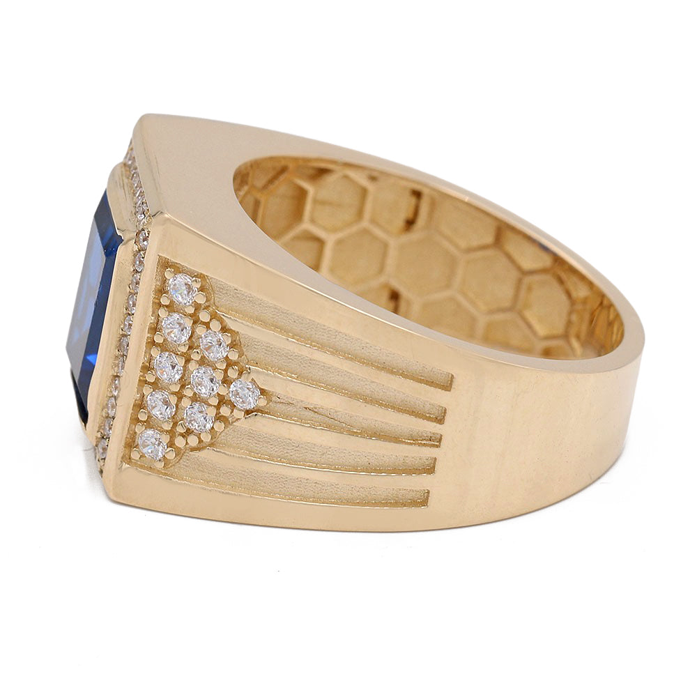 14K Yellow Gold Blue Color Center Stone Ring with Cubic Zirconias
