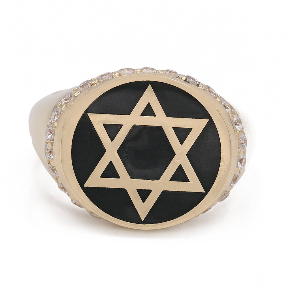 14K Yellow Gold Black Color Center Stone Star of David Ring with Cubic Zirconias