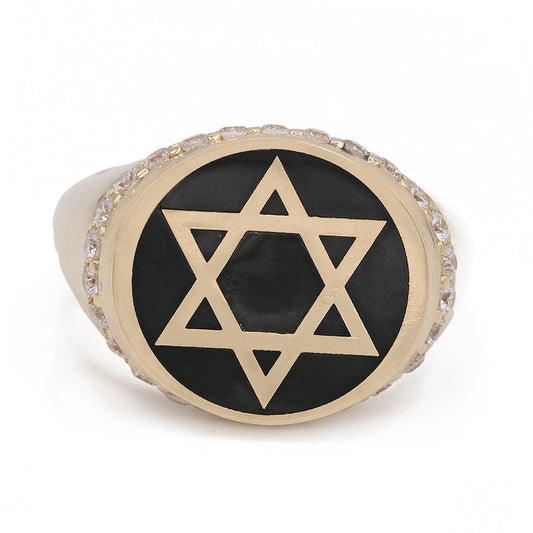 14K Yellow Gold Black Color Center Stone Star of David Ring with Cubic Zirconias
