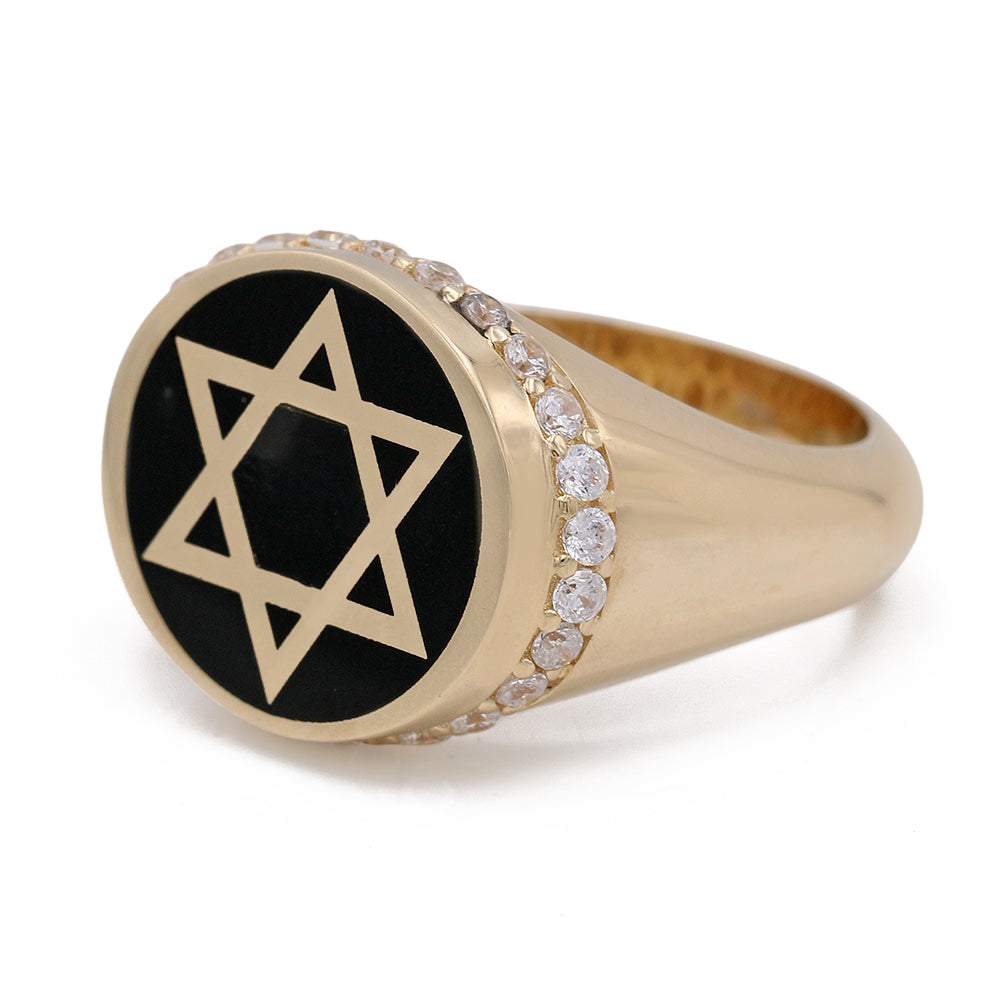 14K Yellow Gold Black Color Center Stone Star of David Ring with Cubic Zirconias