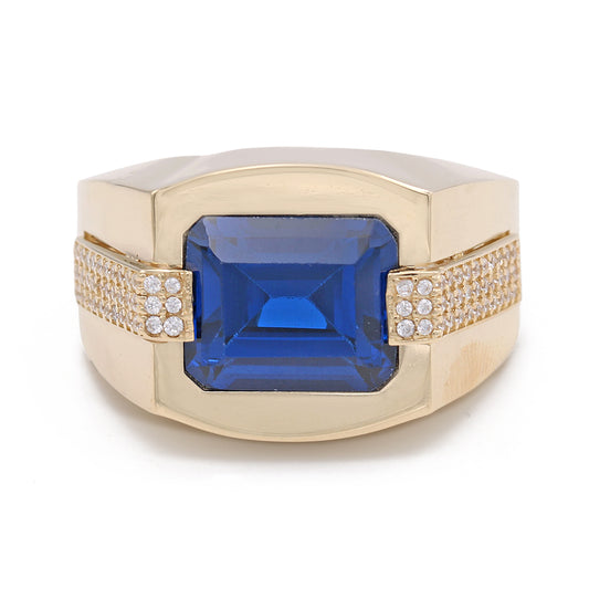 14K Yellow Gold Blue Color Center Stone Ring with Cubic Zirconias
