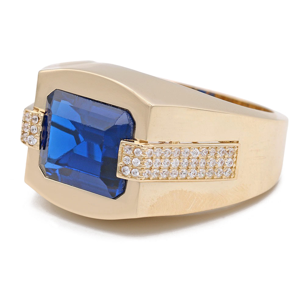 14K Yellow Gold Blue Color Center Stone Ring with Cubic Zirconias