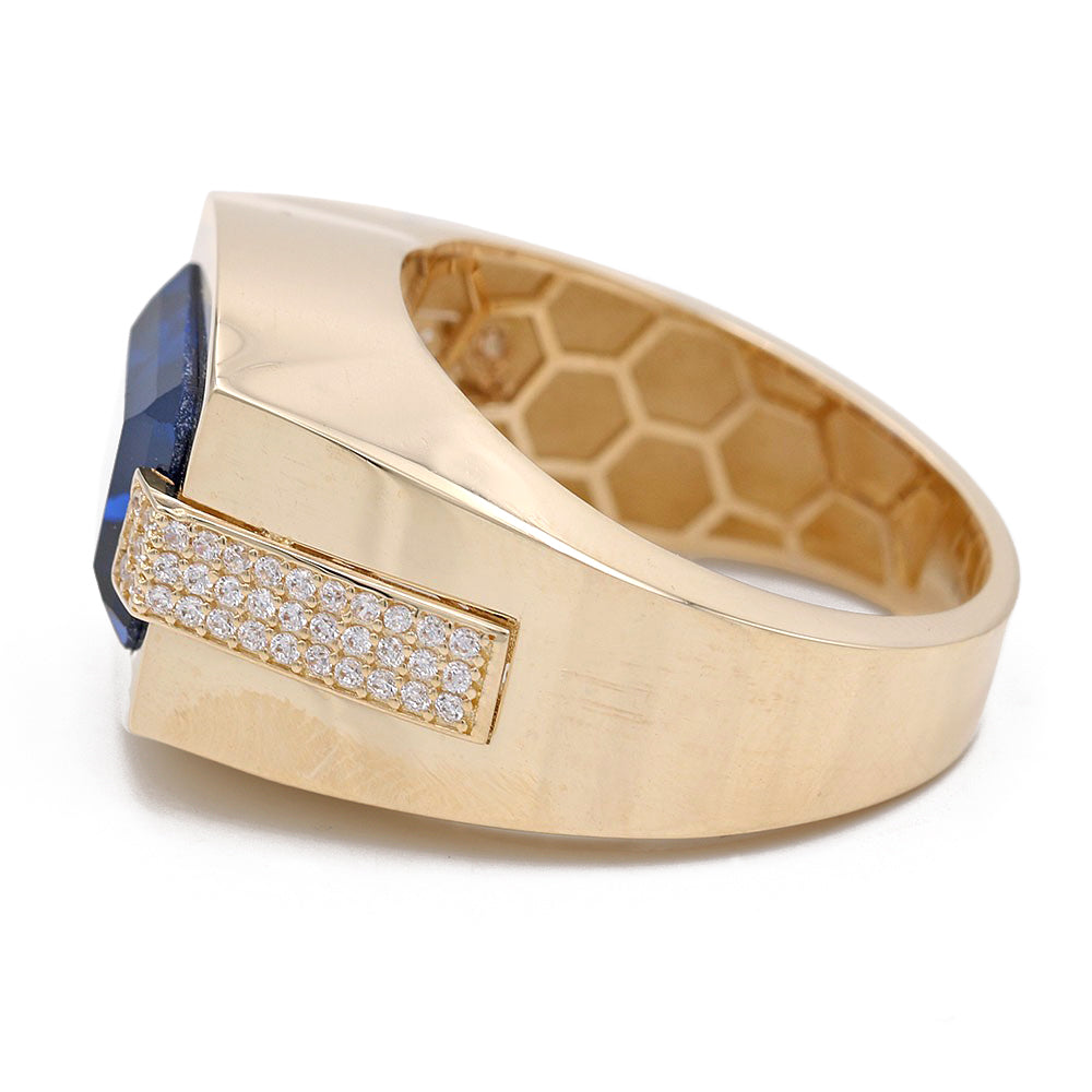 14K Yellow Gold Blue Color Center Stone Ring with Cubic Zirconias