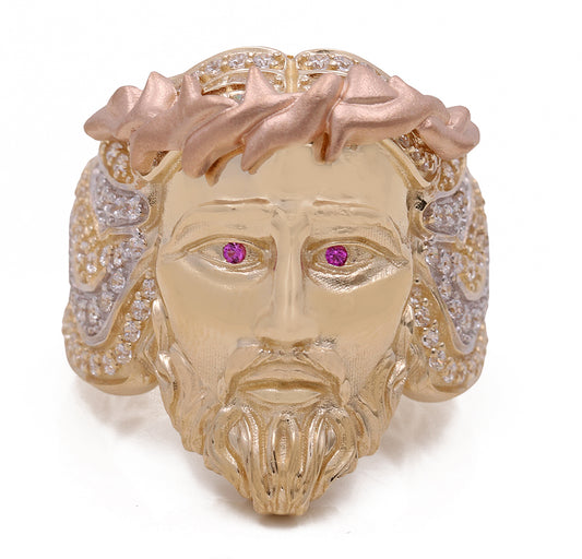 14K Yellow and Rose Gold Jesus Ring with Cubic Zirconias