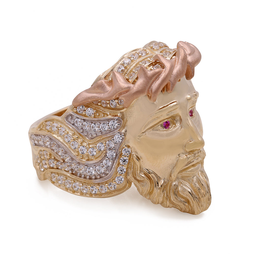 14K Yellow and Rose Gold Jesus Ring with Cubic Zirconias