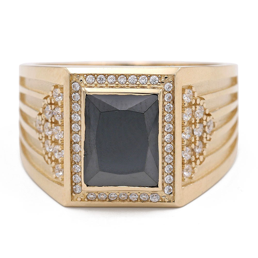 14K Yellow Gold Black Color Center Stone Ring with Cubic Zirconias