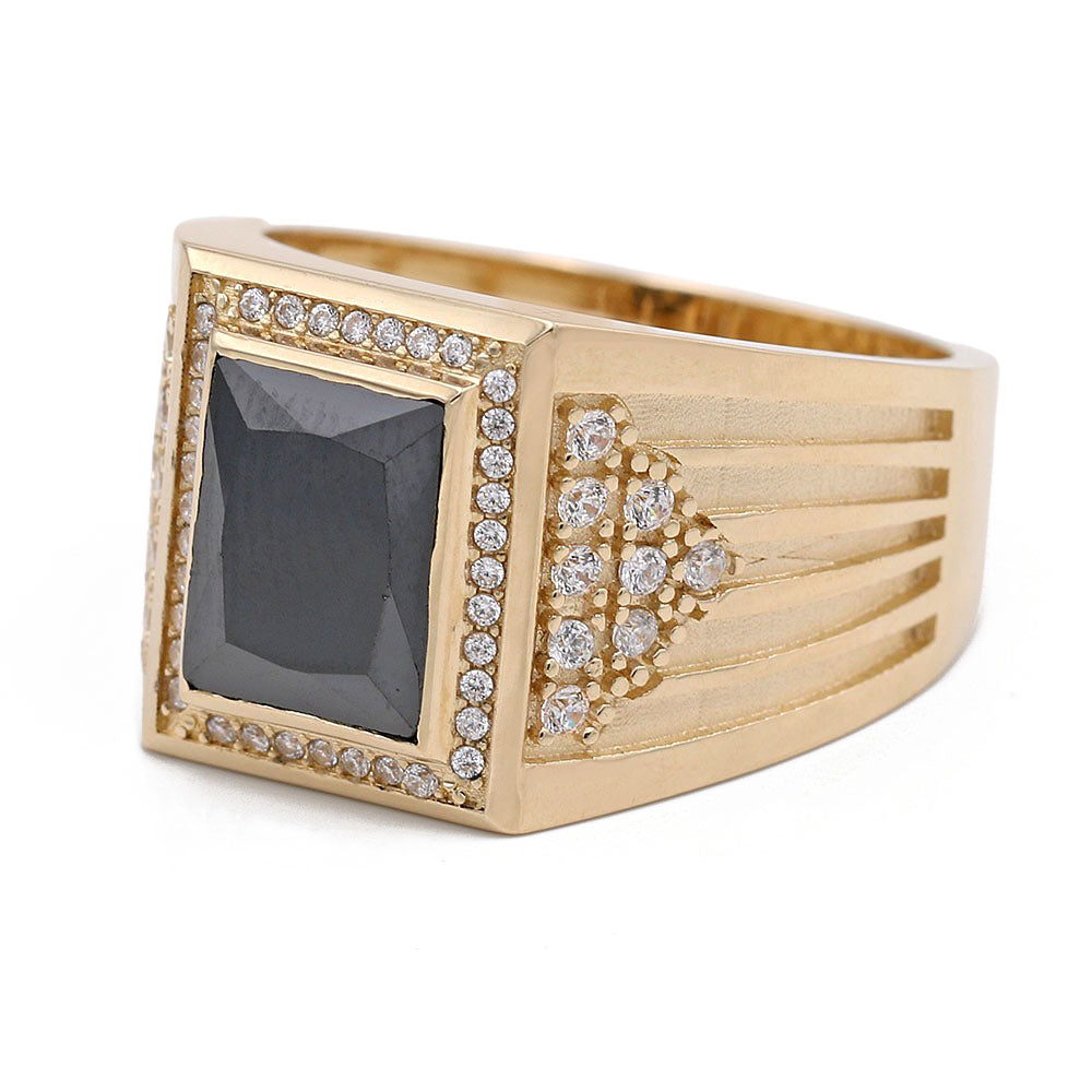 14K Yellow Gold Black Color Center Stone Ring with Cubic Zirconias