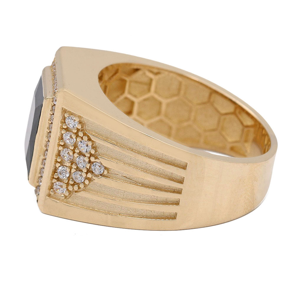 14K Yellow Gold Black Color Center Stone Ring with Cubic Zirconias