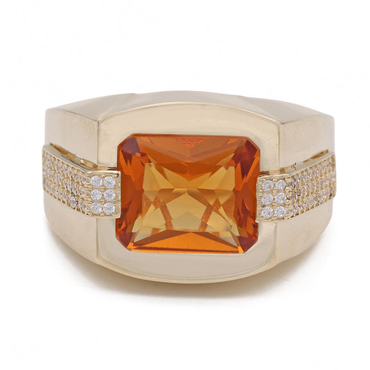 14K Yellow Gold Orange Color Center Stone Ring with Cubic Zirconias