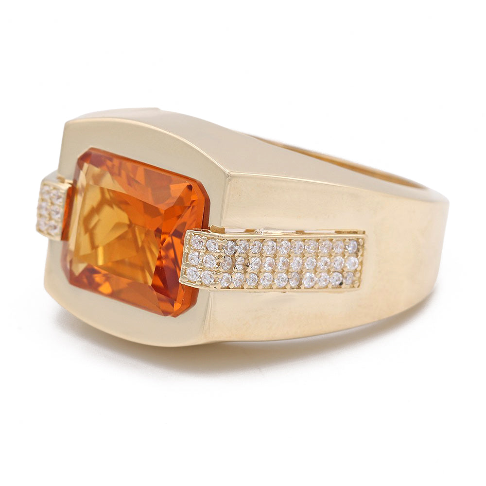 14K Yellow Gold Orange Color Center Stone Ring with Cubic Zirconias
