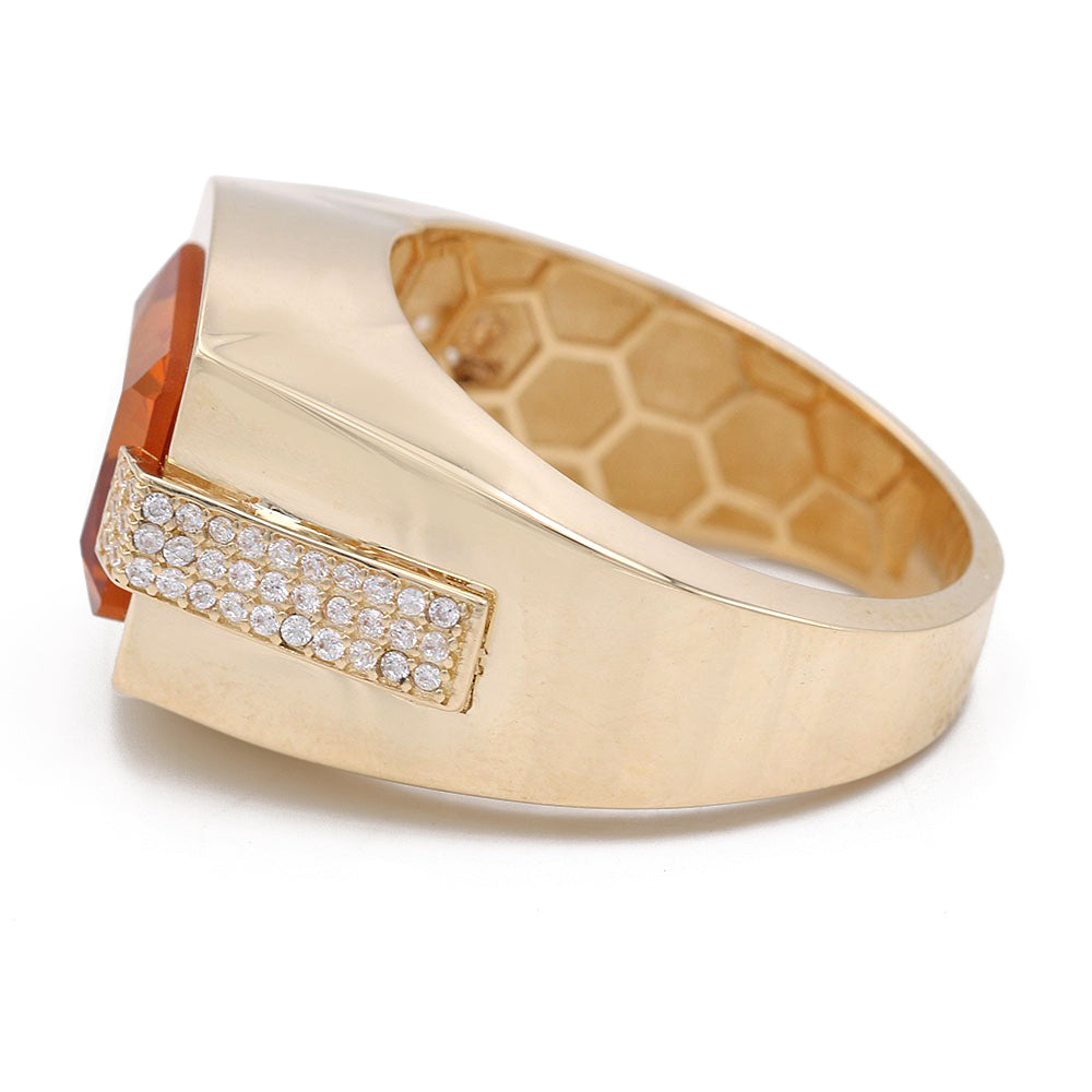 14K Yellow Gold Orange Color Center Stone Ring with Cubic Zirconias