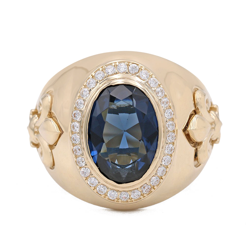 14K Yellow Gold Blue Color Center Stone Ring with Cubic Zirconias