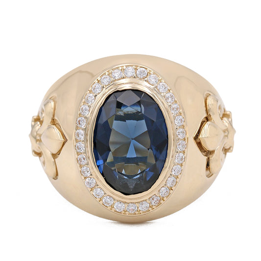 14K Yellow Gold Blue Color Center Stone Ring with Cubic Zirconias