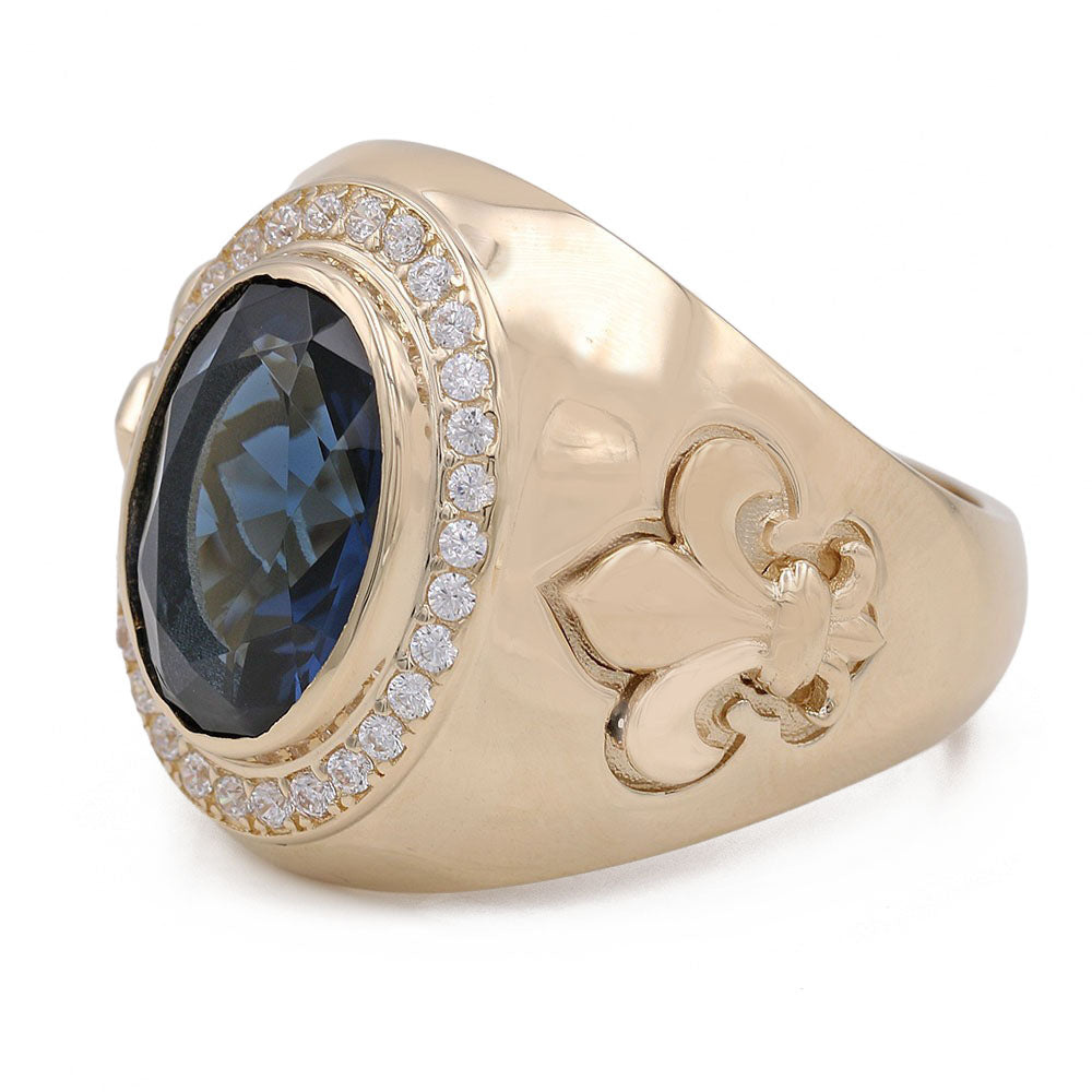 14K Yellow Gold Blue Color Center Stone Ring with Cubic Zirconias