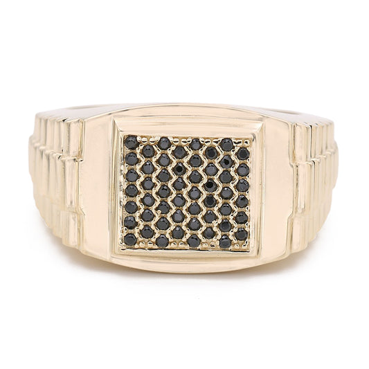 14K Yellow Gold Fashion Ring with Black Color Stones