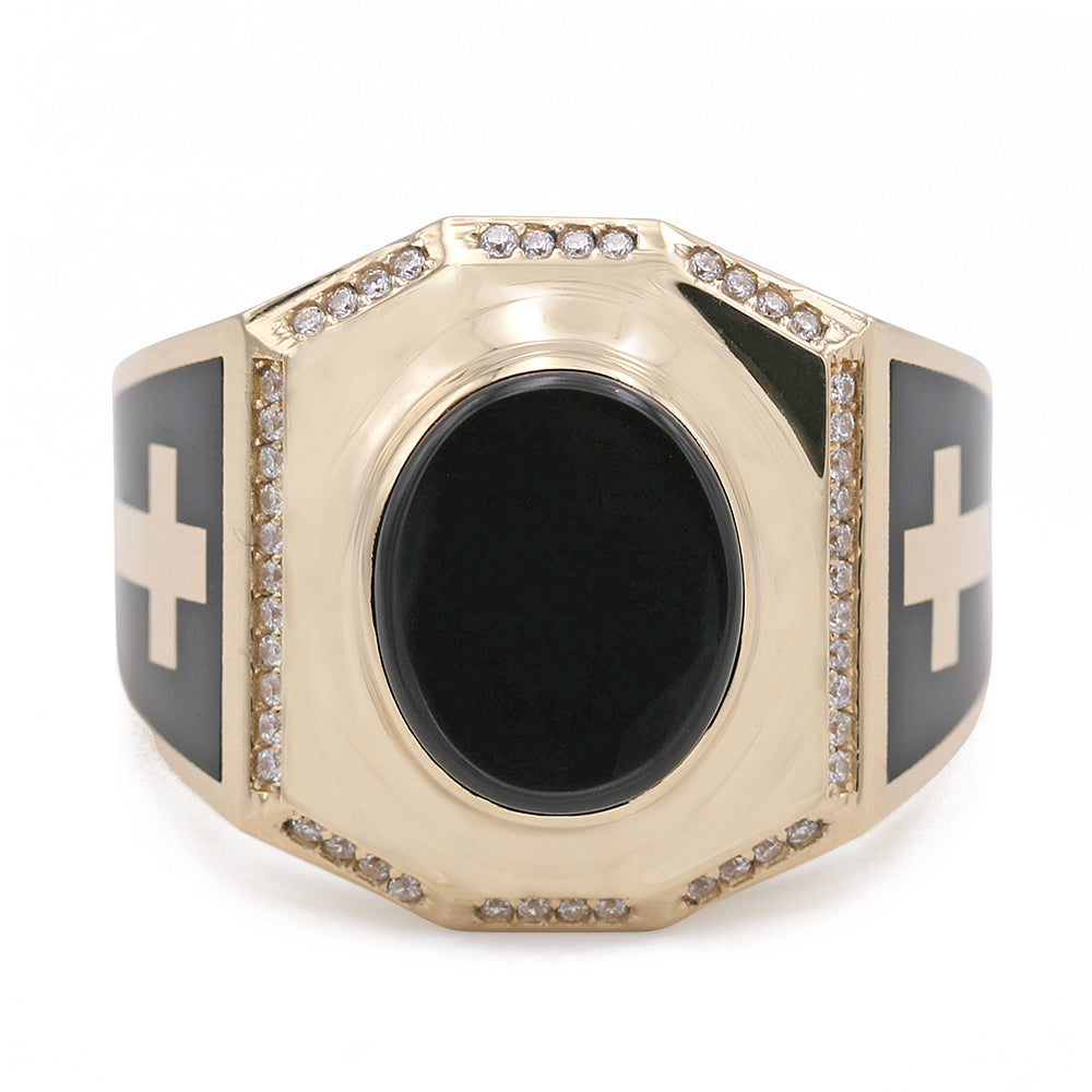 14K Yellow Gold Black Color Center Stone Ring with Cubic Zirconias