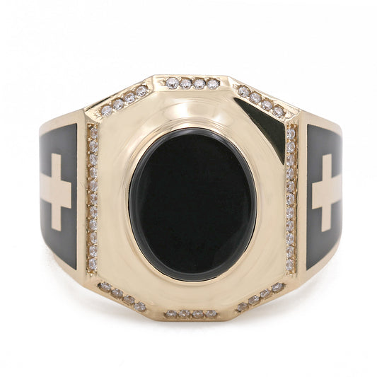 14K Yellow Gold Black Color Center Stone Ring with Cubic Zirconias